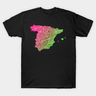 Colorful mandala art map of Spain with text in pink and green T-Shirt